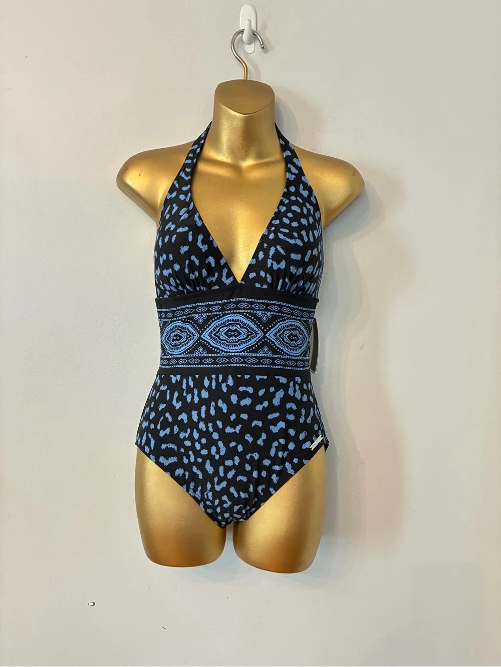 Michael Kors NWT Blue Leopard Print Halter One Piece Swimsuit Size 8 Resort